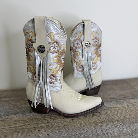 Don Nacho Western Boots Womens Size 8 White Leather Embroidered Floral Fringe